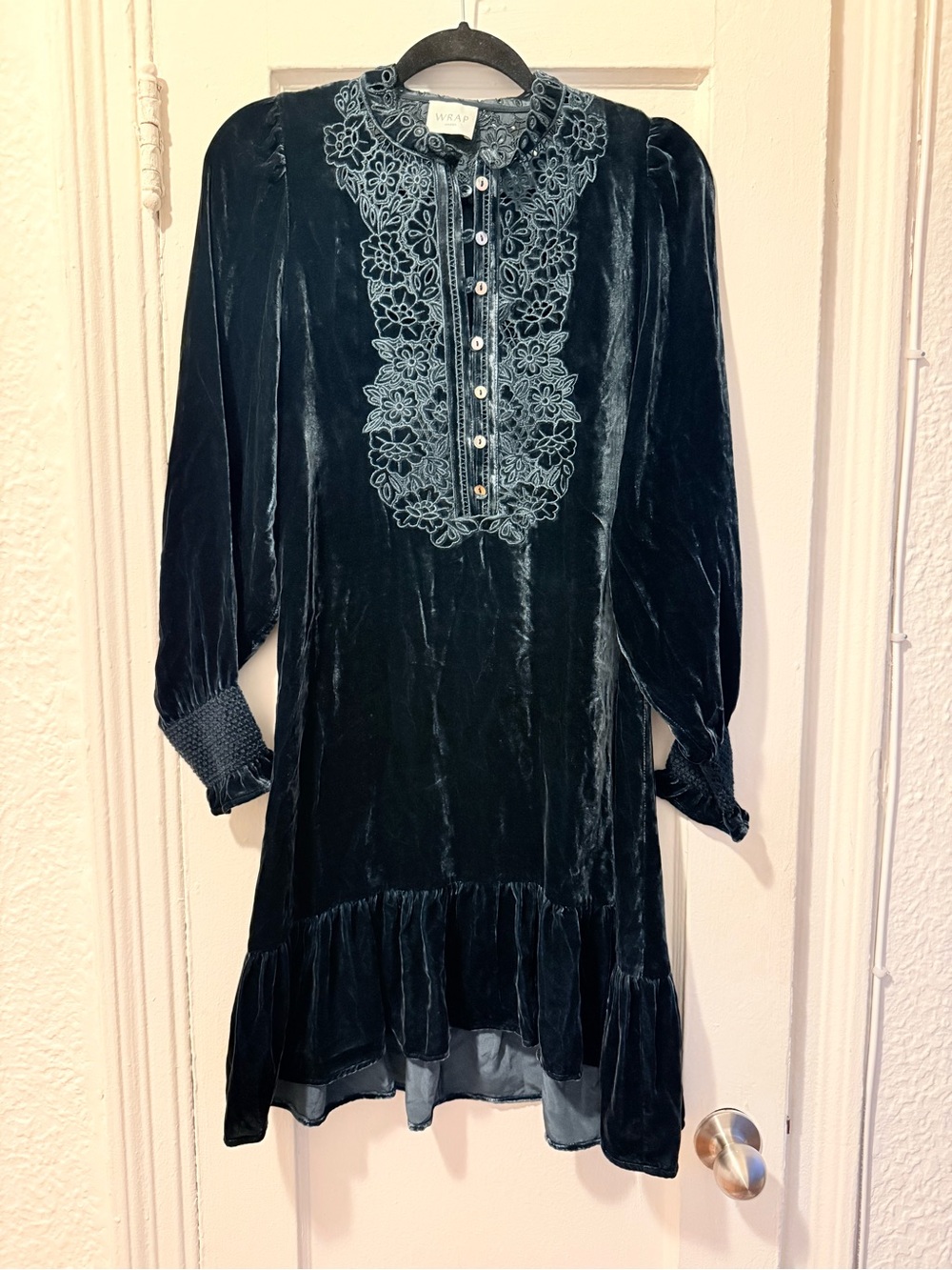 Wrap London Blue/ Green/ Teal Velvet Mini Dress with Lace Collar